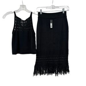 bobi BLACK Los Angeles Crochet Fringe Midi Skirt and Halter Top Set Size Small
